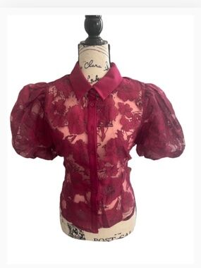 Peach Women's Romantic Red Burgundy Floral Blouse — Elegant Textured Design